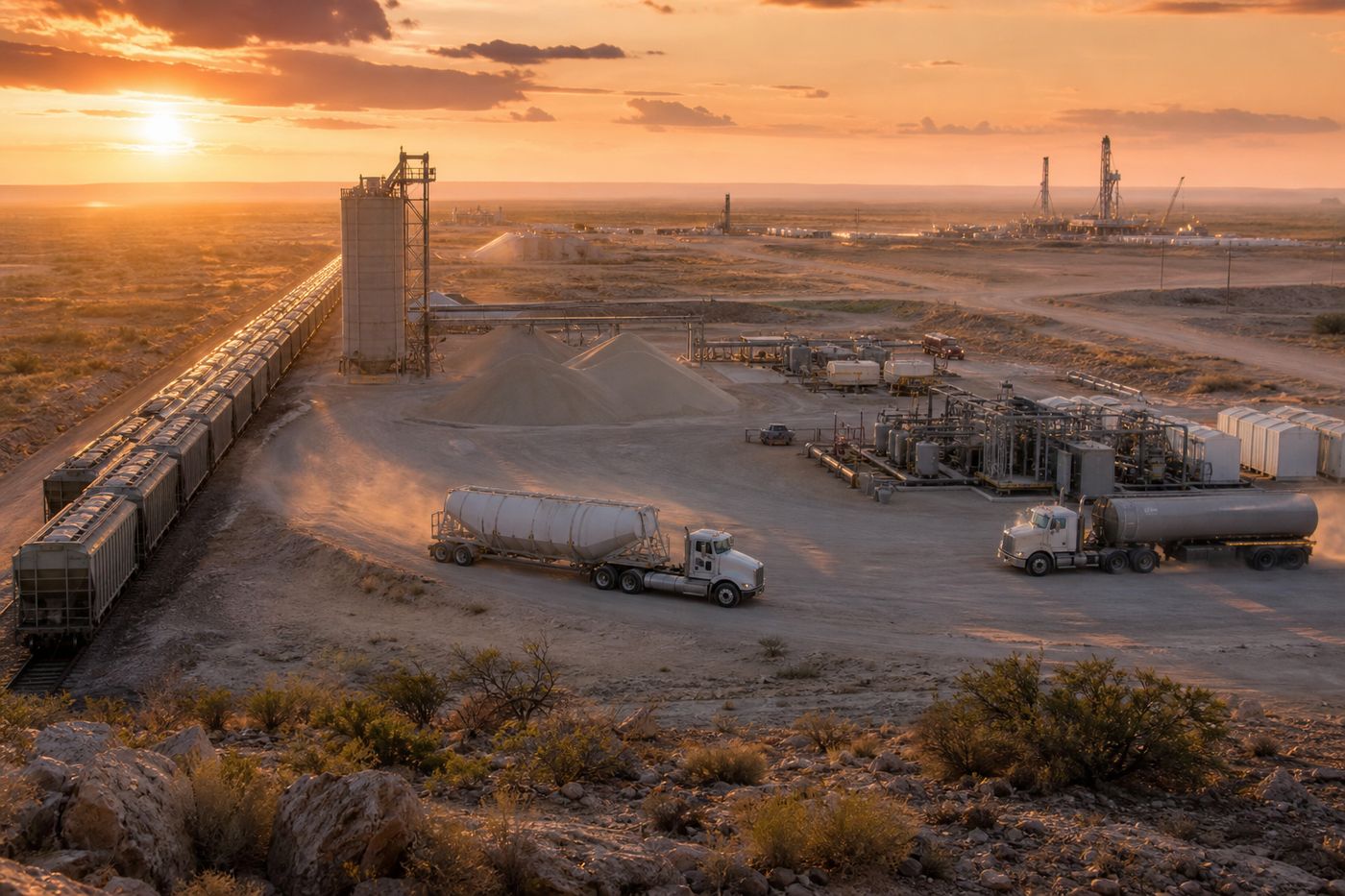 Permian basin landscape with frac and water operations near Pecos, Texas