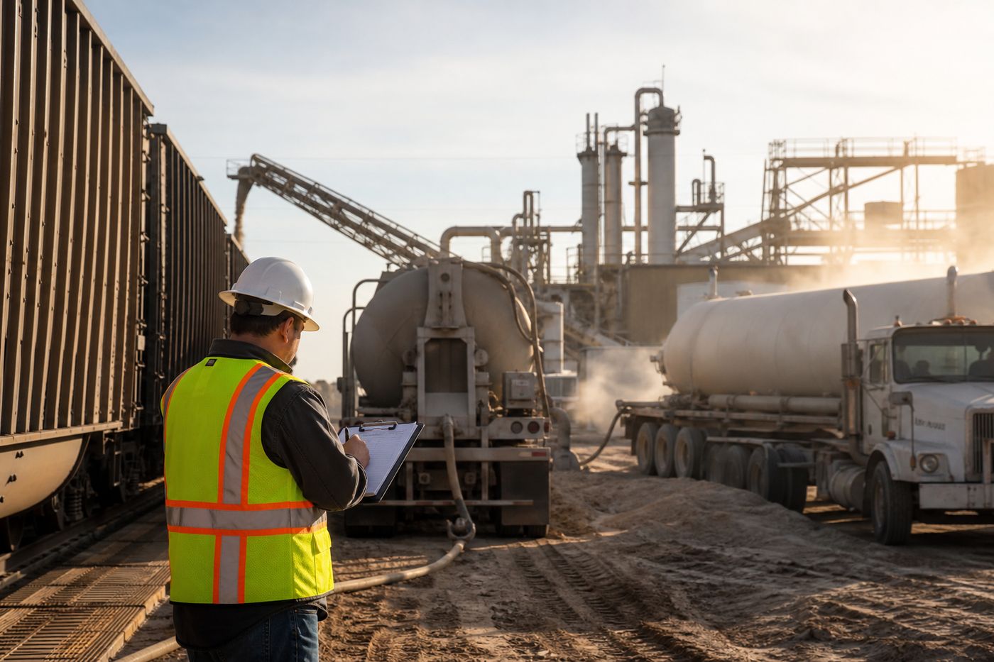 Field crew in PPE conducting a safety check at a Permian basin worksite