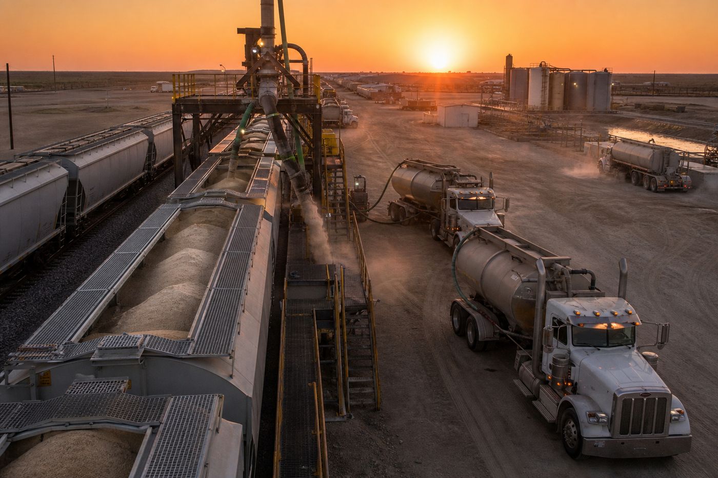 Loaded frac-sand railcars and pneumatic trucks at a transload yard in the Permian basin